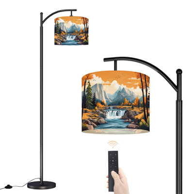 Arc Floor Lamp painting mountain trees water environmental art detailed painting Floor Lamps with Remote LED Lights Adjustable Lamp Shades Tall Standing Lamps for Reading Office Living Room