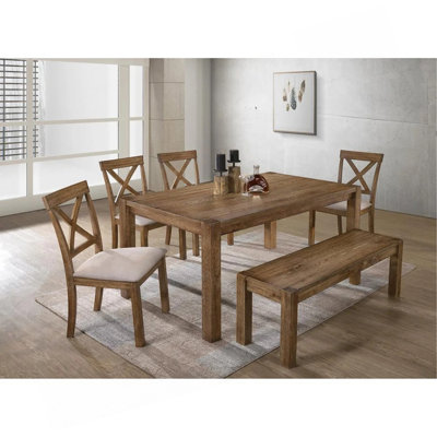 Ensemble de salle à manger 6 pièces transitionnel en bois flotté, banc de table de salle à manger en bois de chêne antique et 4 chaises d'appoint à dossier ouvert en X