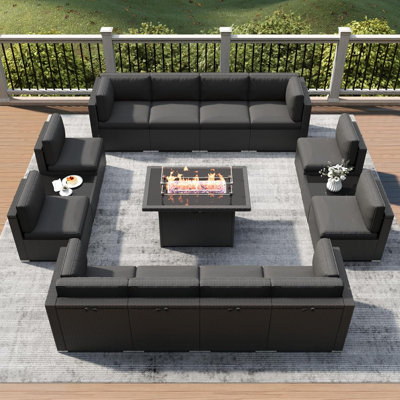  Ensemble de mobilier de patio 15 pièces avec table de foyer, ensemble de conversation extérieur, canapé modulaire en rotin d'osier avec table basse