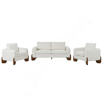 Ensemble de canapé moderne 3 pièces, 1 causeuse et 2 fauteuils, tissu bouclé doux, structure en bois de pin et pieds en bois d'hévéa, canapé modulaire confortable pour le salon et la salle familiale (table basse non incluse)