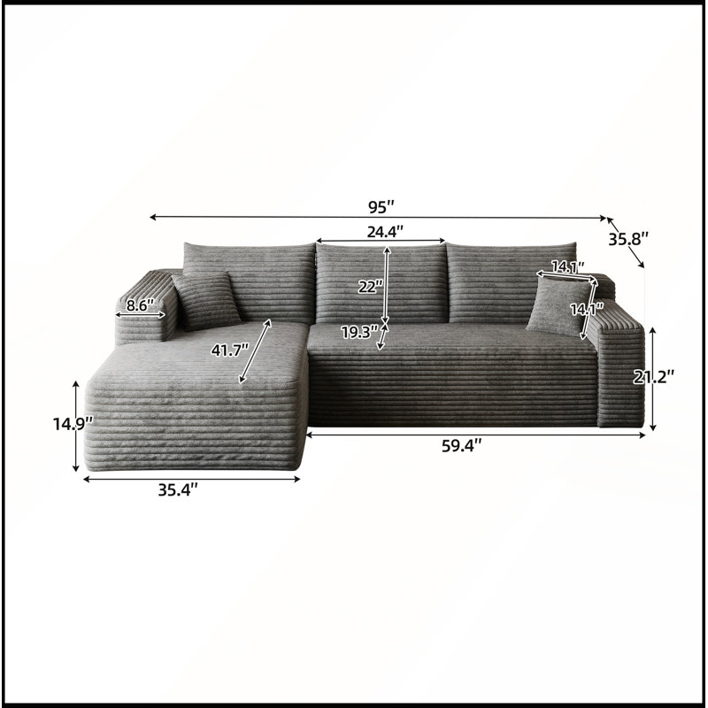 Canapé modulaire rembourré minimaliste de 95 po pour le salon, sans assemblage requis, H 32,7 po x l 95 po x P 59,4 po