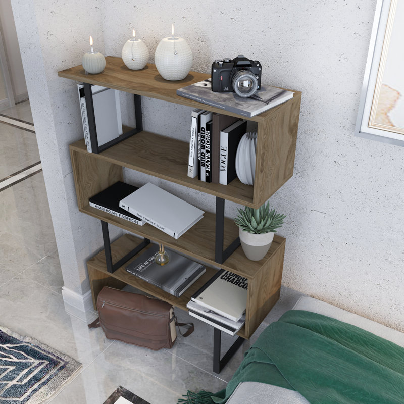Malveaux 49'' H x 35'' W Geometric Bookcase, Black/Oak