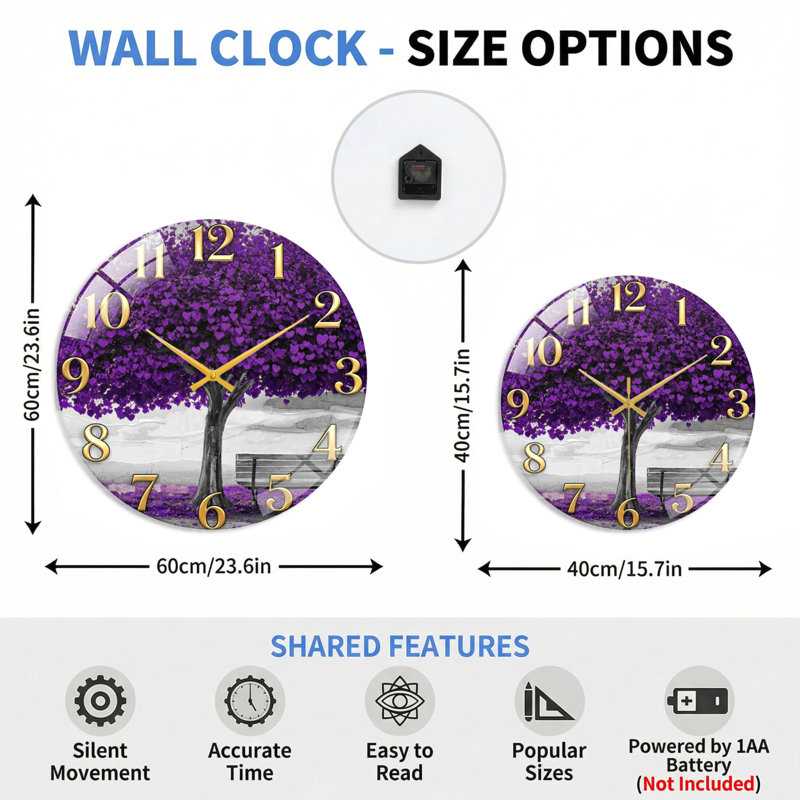 Horloge murale en verre mauve décorative moderne 23,6 po, 60 x 60 cm (23,6 x 23,6 pouces)