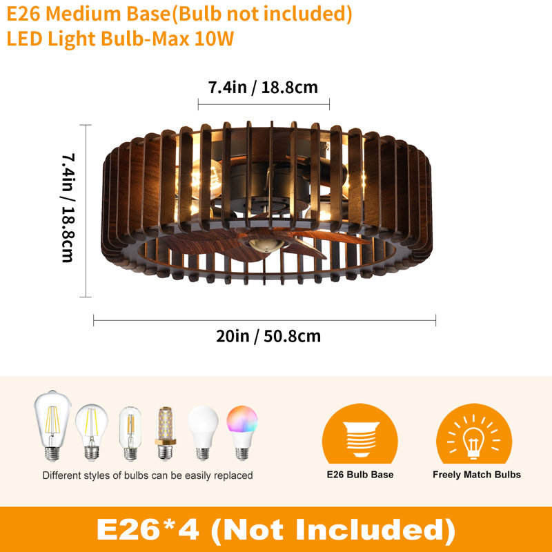 Ventilateur de plafond encastré en bois 20 po avec lumières, Fandelier avec télécommande et moteur DC réversible