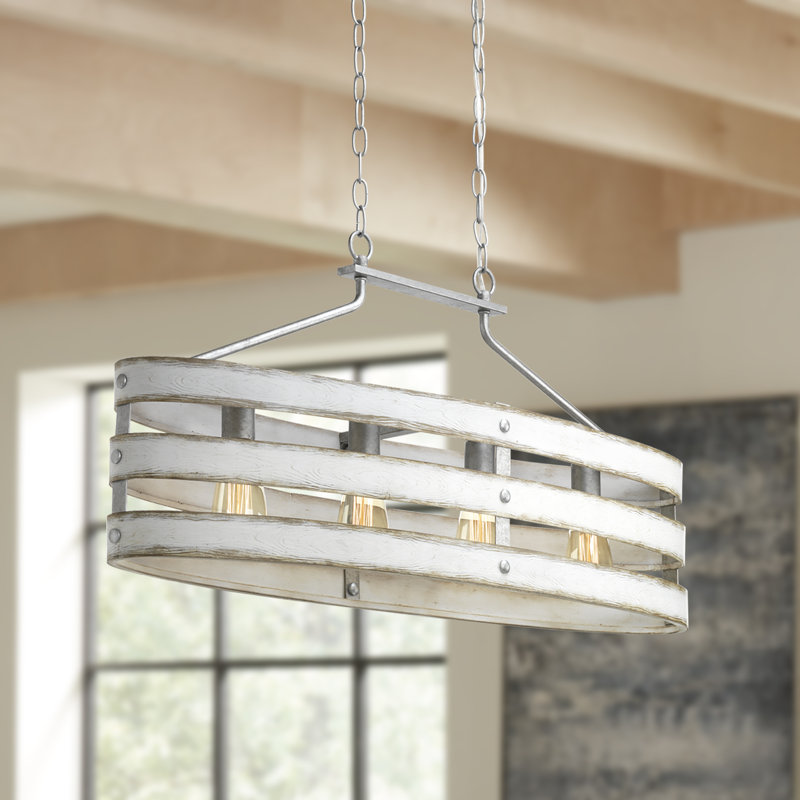 Lustre linéaire moderne à quatre lumières pour îlot de cuisine Eidanas, Blanc antique, Galvanisé