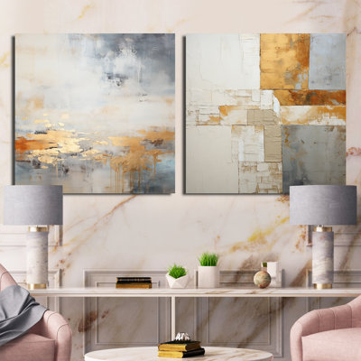 Minimalisme beige et doré vague horizon I - collages abstraits carrés, ensemble de 2 collages