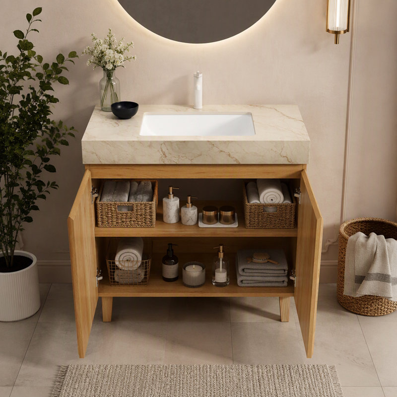 Freestanding Standard With Stone Top, Natural Wood, 36" W