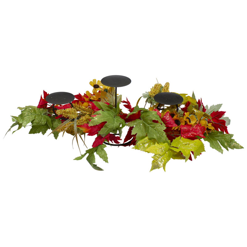 Porte-bougie d'automne 28 po tournesol jaune et feuilles rouges