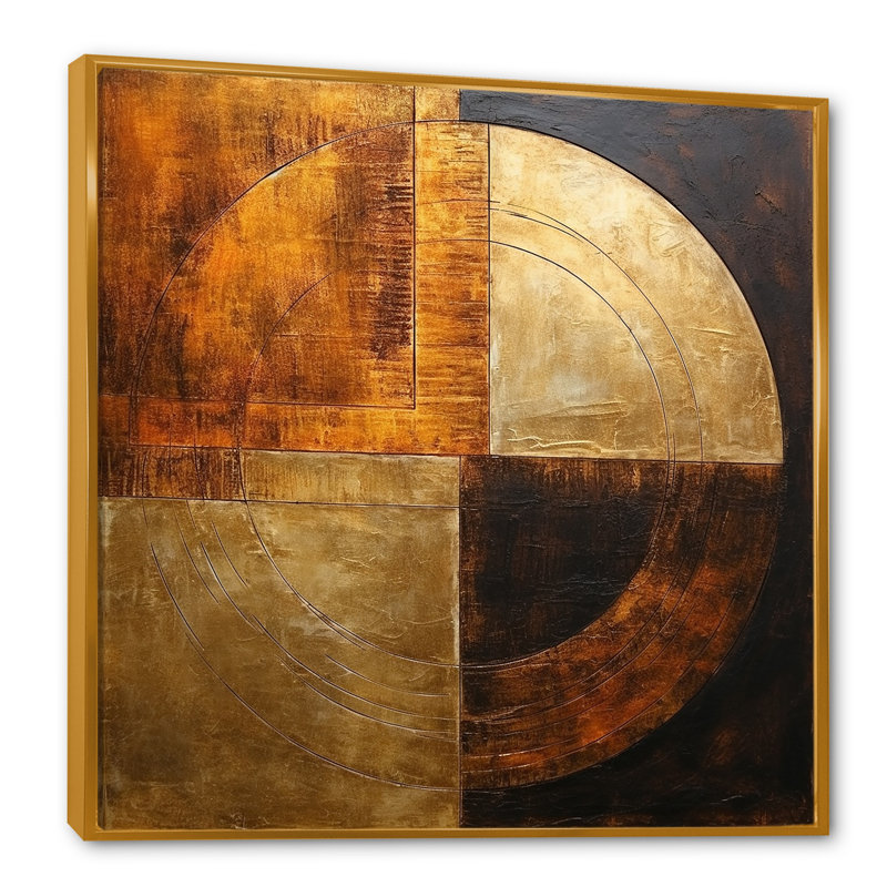 Bronze Brilliance Symetry - formes abstraites, art mural sur toile, H 36 po x l 36 po x P 1,5 po, Cadre flottant doré