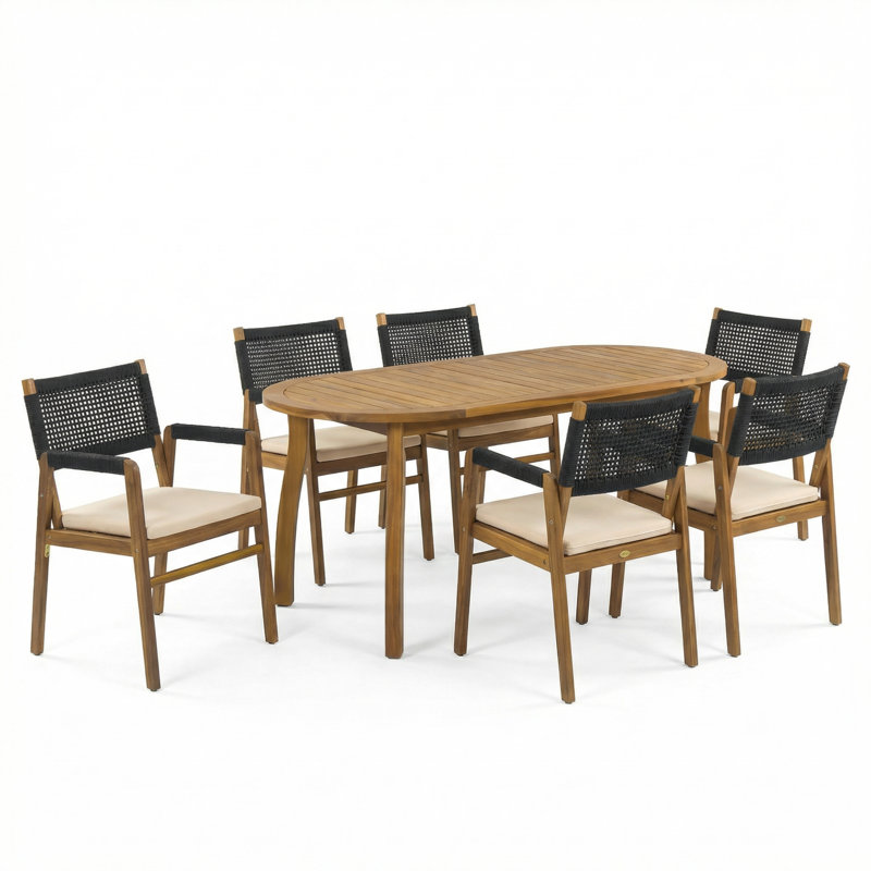 Ensemble de salle à manger 7 pièces en bois d'acacia avec corde tissée et coussins Brendalyn, Noir / teck