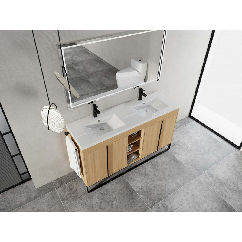 Meuble-lavabo autoportant avec lavabo double en résine, porte à fermeture en douceur, emballage KD