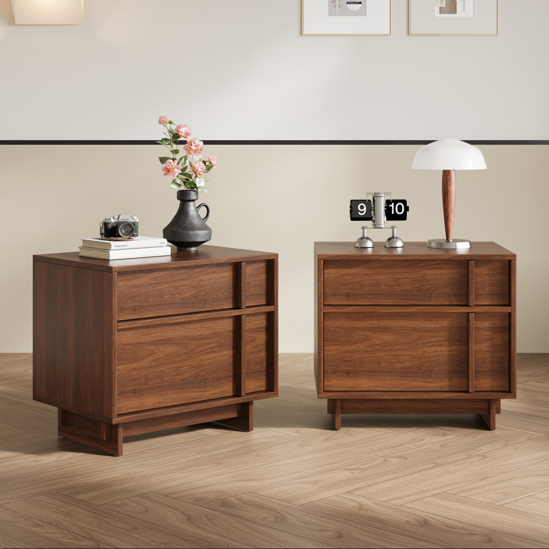 Ensemble de 2 tables de chevet Mid-Century, table de chevet grain de bois avec tiroirs à fermeture en douceur, table de bout de chambre à coucher moderne avec base renforcée, disponible en 3 couleurs