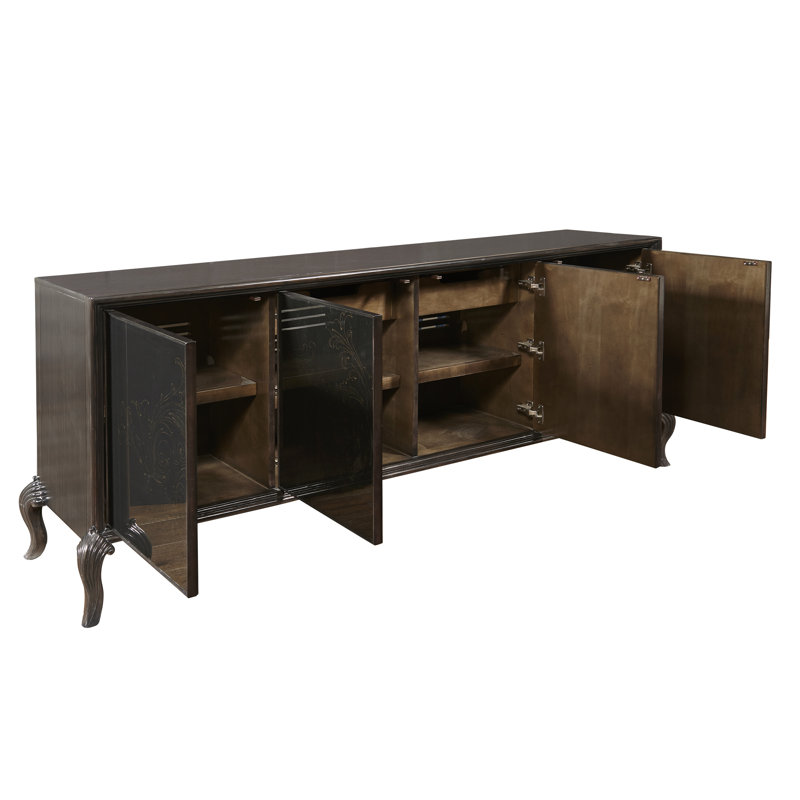 High Sheen Black 4-Door Media Credenza with Maple Legs