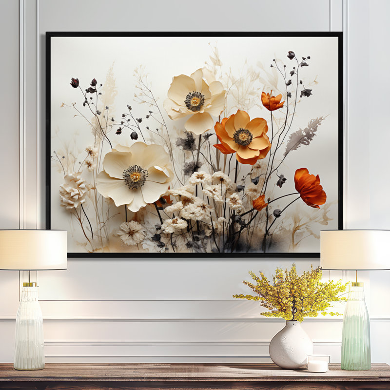 «Macaulee Bohemian Earthly Floral Collage II», art mural abstrait bohème, H 24 po x l 32 po, Reproduction avec cadre flottant