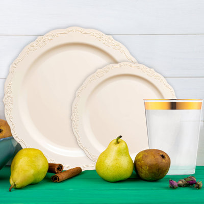 Service de table jetable en plastique ivoire vintage - 60 couverts