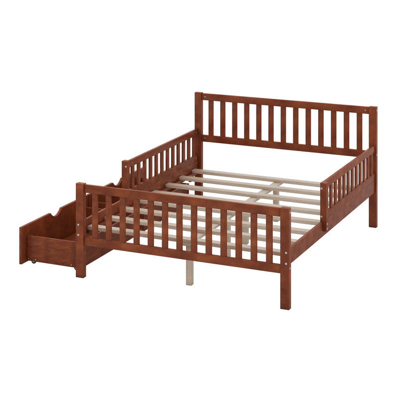 Wood Platform Bed With Guardrails On Both Sides And Two Storage Drawers, Full