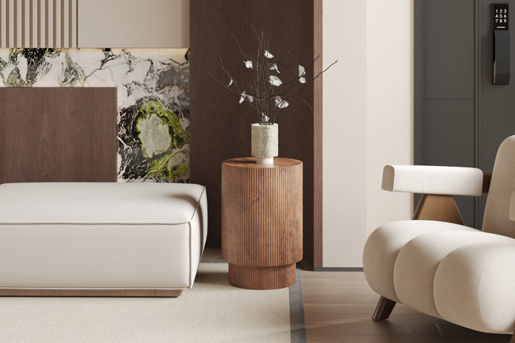 wood cylindrical end table in a modern living room