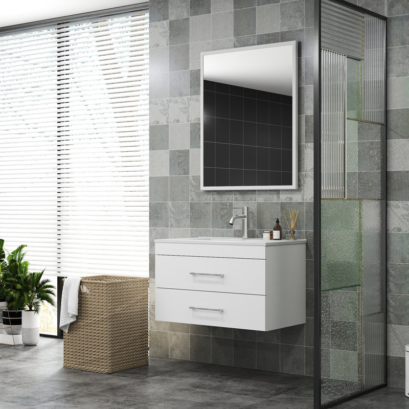 32-Inch Gloss Wall-Mounted Bathroom Vanity with Double Drawers, Ceramic Sink, and Mirror Frame, White