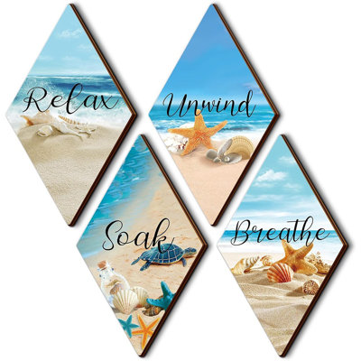 4-Piece Coastal Ocean Wooden Wall Art Set – Beach Style Bathroom Decor With Starfish & Seashells – Relax, Soak, Unwind Nautical Home Hanging Signs