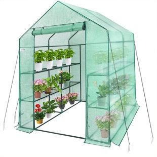 Hanience Walk-in Greenhouse with Anchors and Ropes, 3 Tier 4 Wired Shelves Indoor and Outdoor, Green PE Cover