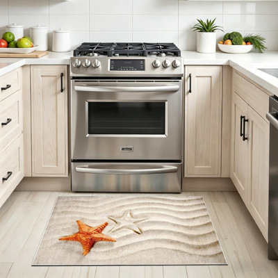 White Machine Washable,Beach Wavy Sand with Starfish Summer Indoor Area Rug