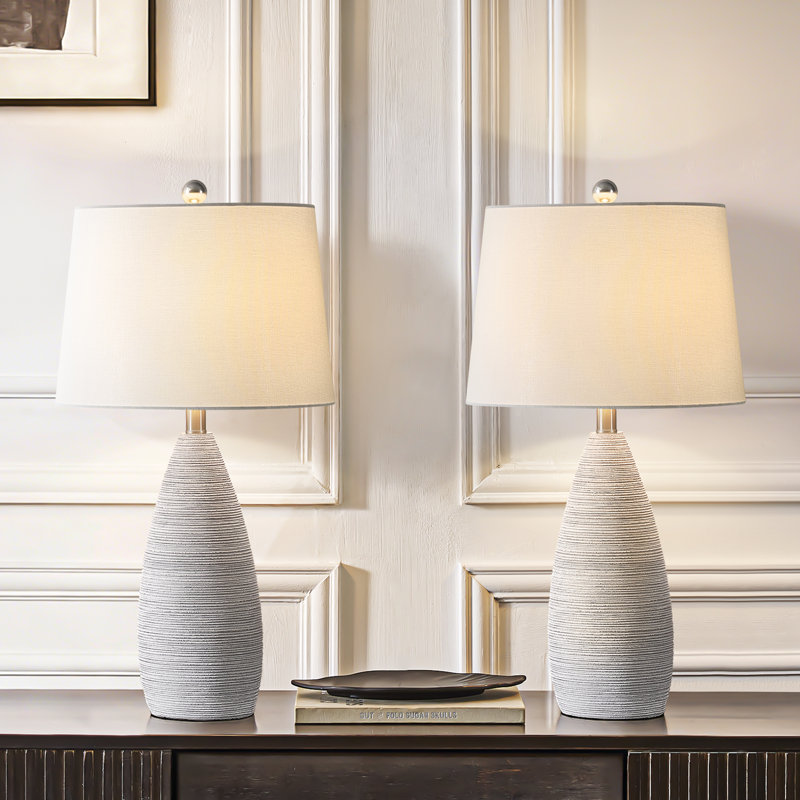 26" Farmhouse Resin white Table Lamp with Pre-Assembled Linen Shade and 3-Way Dimmable