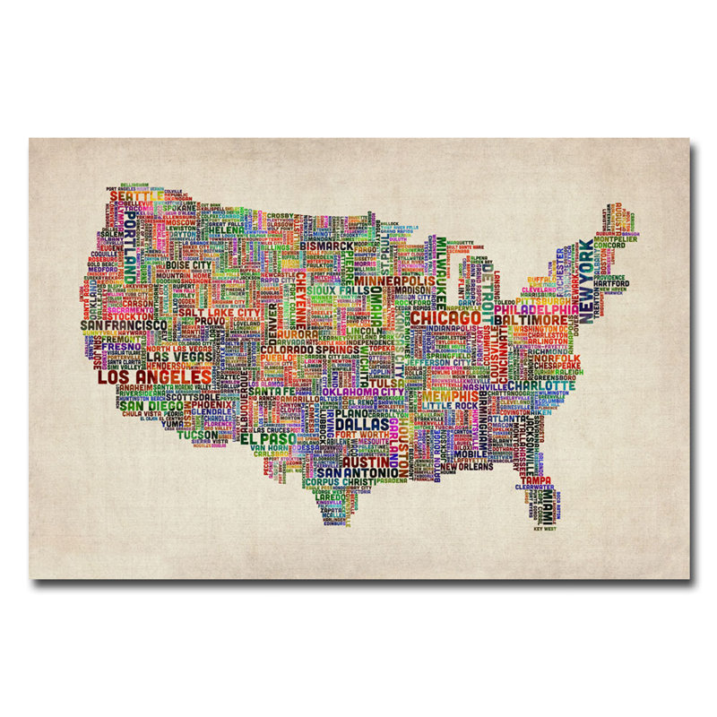 «US Villes Text Map», reproduction d'impression sur toile, H 16 po x l 24 po x P 2 po