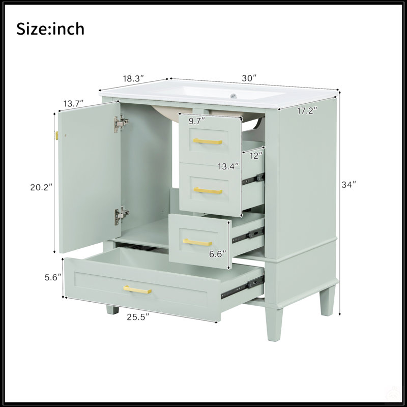 Meuble-lavabo moderne 30 po avec lavabo, porte à fermeture douce, 3 tiroirs et structure en bois massif vert