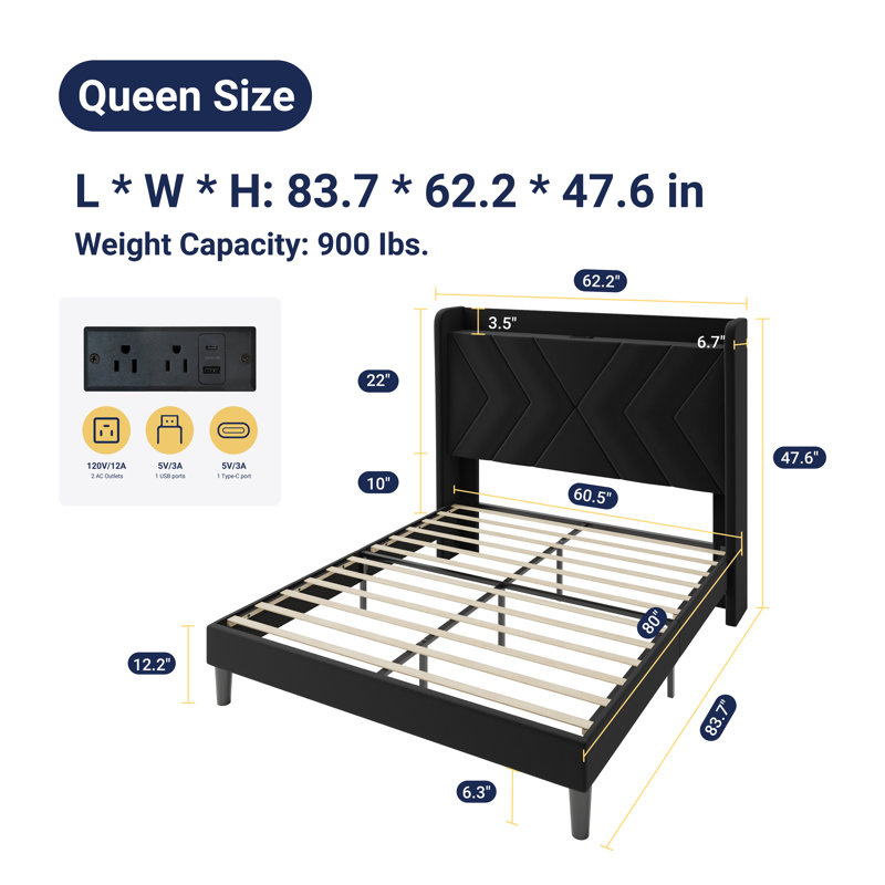 Upholstered Velvet Bed Frame With Storage Headboard And Charging Station, Black, Queen