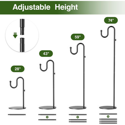 Support en forme de crochet de berger de 188 cm (74 po), pour carillons éoliens suspendus, mangeoires à oiseaux, plantes, réglable, base robuste, support autoportant, noir