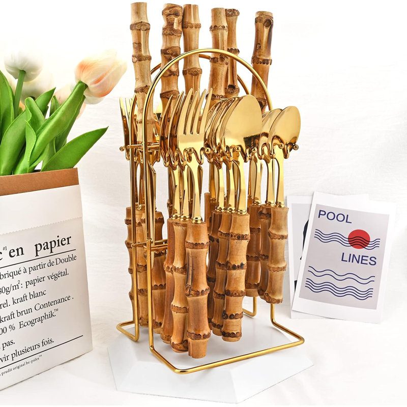 Ensemble de couverts 24 pièces à poignées en bambou, couverts en acier inoxydable avec miroir et support de rangement, service pour 6