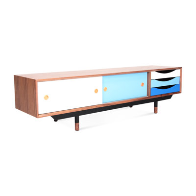 Blue - Hued Retro 1955 Tv Cabinet, Natural Walnut Veneer On , Black Stainless Steel Legs, Solid Wood Feet, Lacquered Drawers For Main Living Style Cabinet With Over Space
