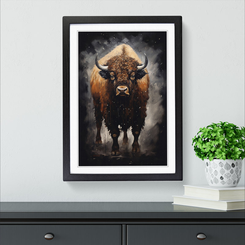 Buffalo Gestural No.2 - Single Picture Frame Print on Wood, 64cm H x 46cm W x 2cm D, Black Framed