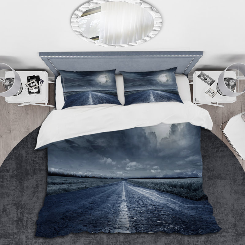Asphalt Road Under Cloudy Full Moon II - Ensemble de housse de couette nautique et côtier - Polyester en microfibre