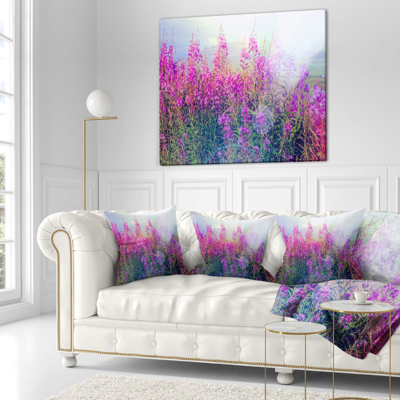 Coussin Floral Prairie, Pourpre / Vert foncé, 18 po x 18 po, Carré