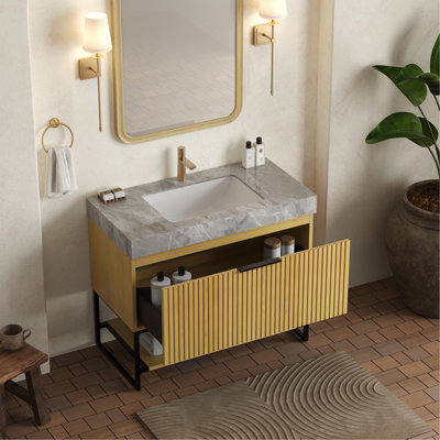 Meuble-lavabo de 36 po avec comptoir en pierre frittée grise, cuve en céramique encastrée, armoire en contreplaqué de chêne, tiroir et tablette ouverte, meuble-lavabo autoportant Scratch-Surface, tablette pour beaucoup de rangement
