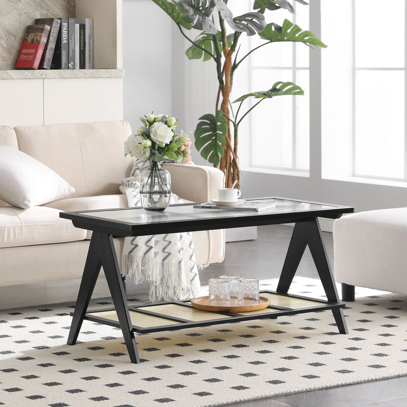 39.4" Glass Top Coffee Table with ABS Rattan Storage Shelf, Black
