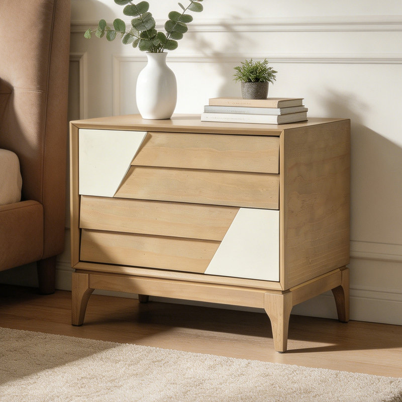 Table de chevet moderne à 2 tiroirs avec motif géométrique bicolore, table de chevet de style japonais avec patchwork en angle, table de bout pour chambre à coucher, salon, pieds fuselés massifs