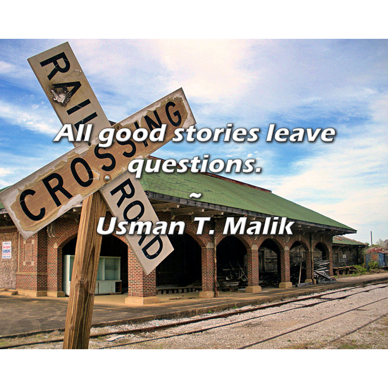 Citation d'Usman T. Malik: Toutes les bonnes histoires laissent des questions., H 26 po x l 32 po