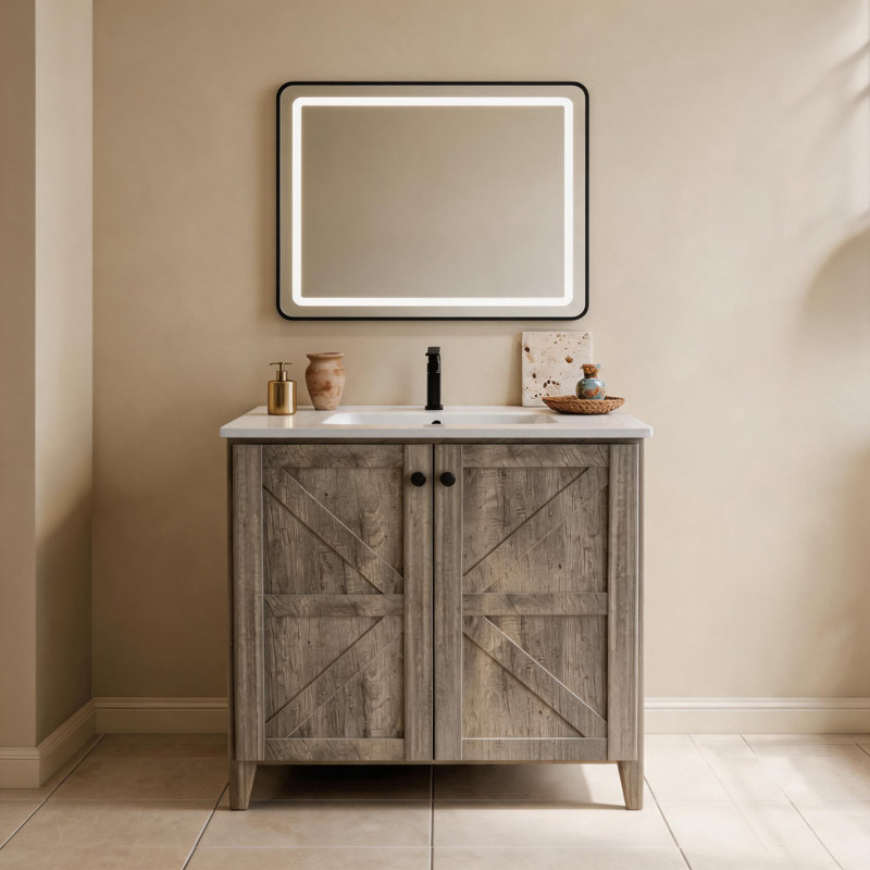 Meuble-lavabo autoportant de 30 po avec lavabo à surface solide gris antique