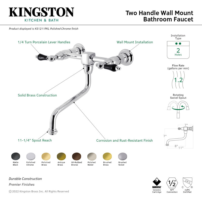 Kingston Brass Duchess Two-Handle 2-Hole Wall Mount Bathroom Faucet, Brushed Nickel