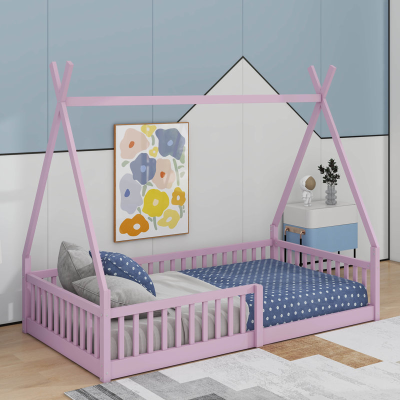 Lit simple en bois avec clôture, Rose