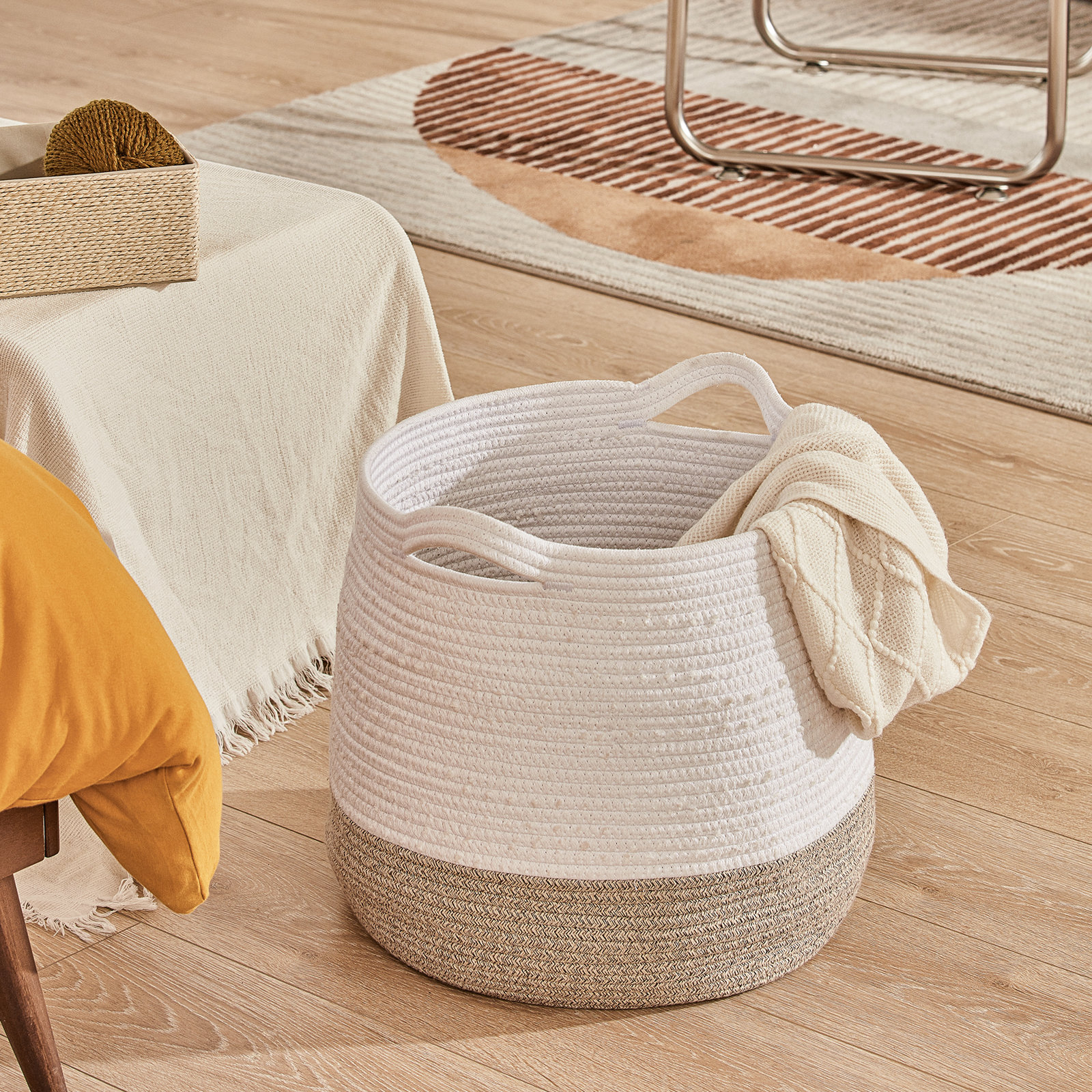 Althoff Handwoven 100% Cotton Storage Bin, White/Beige