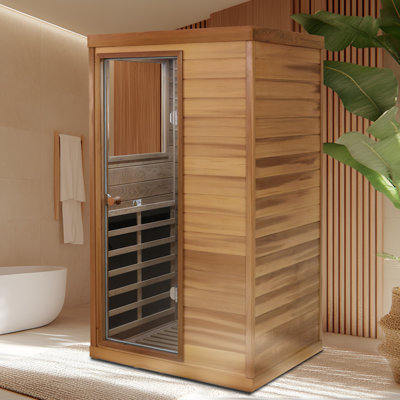 Red Cedar Mini One Person Far Infrared Glass Door On The Left Of The Indoor Sauna Room 