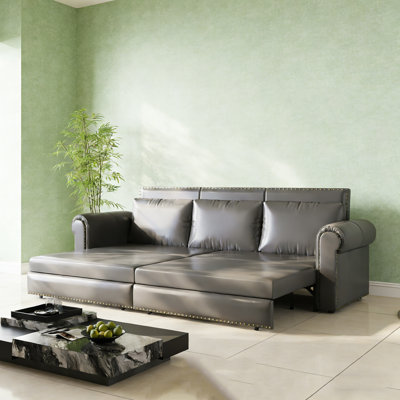 Canapé-lit convertible moderne, canapé-lit 3 en 1 avec lit escamotable, canapé futon en similicuir avec garniture cloutée et accoudoirs roulés pour le salon, gris