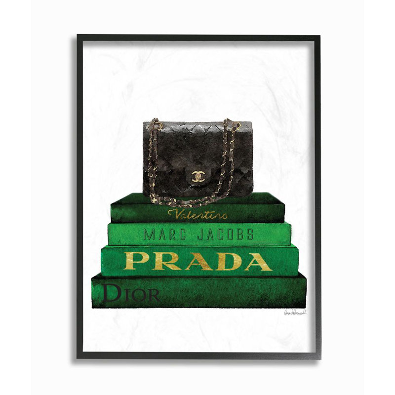 «Fashion Designer Purse Bookstack Green Black», impression, H 20 po x l 16 po, Giclée encadrée noir minuit