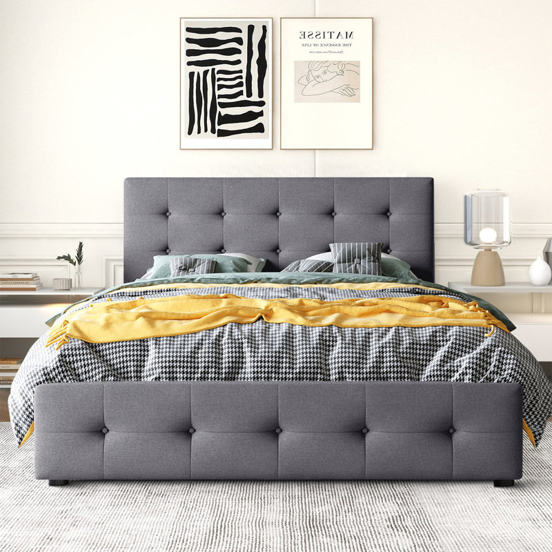 Modern Queen Size Upholstered Platform Storage Bed With Four Drawers, Dark Gray