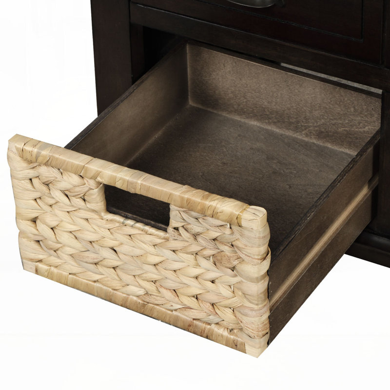Rustic Storage Bench with 3 Drawers and 3 Rattan Baskets, Espresso