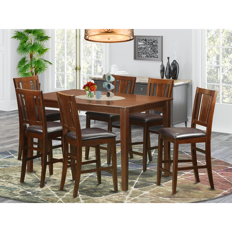 Ensemble de table de salle à manger 7 pièces à hauteur de comptoir composé d'une table rectangulaire en bois et de 6 chaises de cuisine en similicuir, acajou