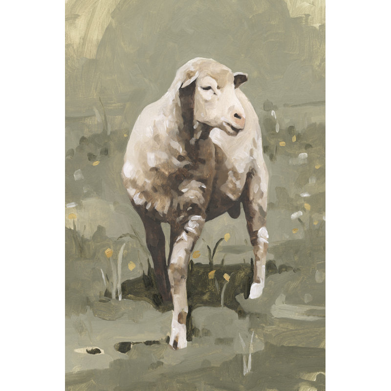 Spring Sheep I -  Painting, 30 cm H x 20 cm W, Black Floater Framed
